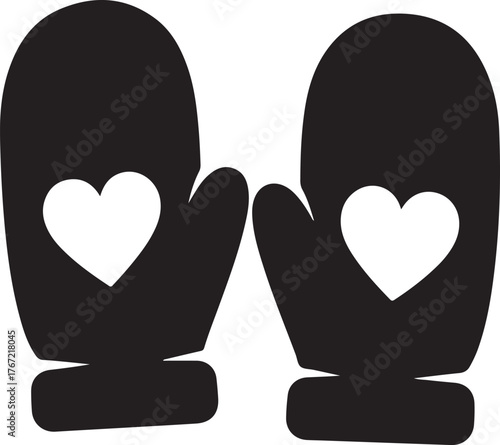Vector art of pair of black mittens with white heart symbol icon on