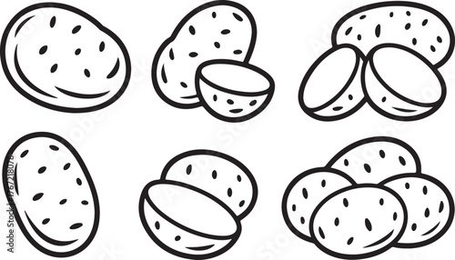 Set of Potato Icons - Whole and Half Vegetable Outline Line Art Vector