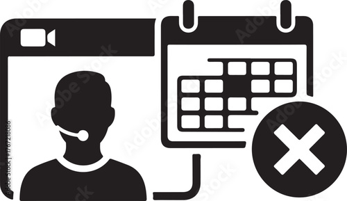 Vector art of video call icon with calendar and cross symbol indicating cancellation icon on