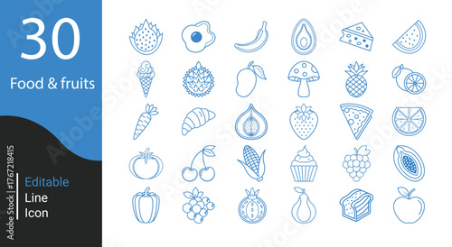 Collection of 30 hand drawn line art icons representing various fruits and food items in blue gradient