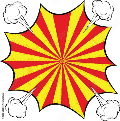 Dynamic cartoon explosion burst with radial sunbeam pattern and smoke.