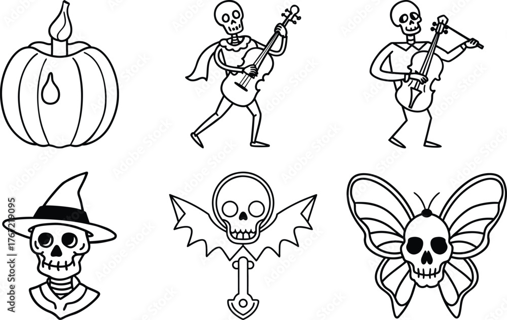 Naklejka premium Pumpkin with Witch Hat Halloween Line Art Illustration