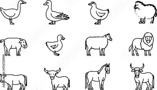 Farm animals line icon set consisting of delicate.
