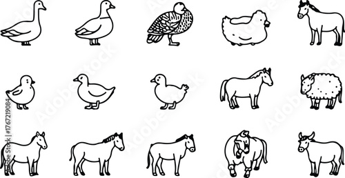 Farm animals line icon set consisting of delicate.