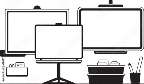 Multi-Monitor Computer Workstation Outline Vector Illustration