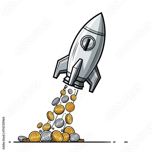 Dynamic rocket launching upwards, showering golden coins, symbolizing explosive financial growth and investment success