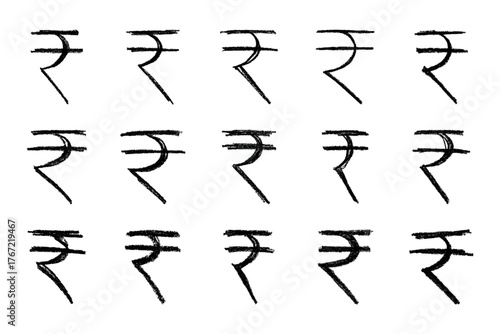 Set of hand drawn rupee currency symbol. Brush stroke doodle. Single element for design