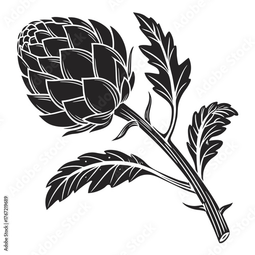 Stylized black and white artichoke illustration