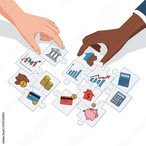 Financial teamwork concept with diverse hands connecting puzzle pieces representing banking, investment, and savings strategies for business success