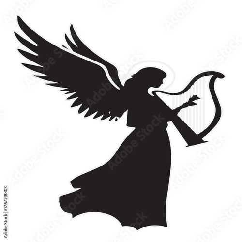 Black silhouette of a beautiful angel playing a harp.