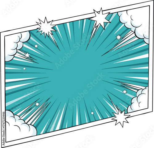 Comic Book Panel with Burst Stars and Clouds.