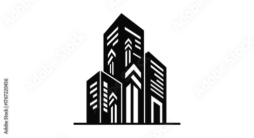 Modern abstract illustration of a cluster of sleek geometric skyscrapers with upward pointing architectural elements against a white background