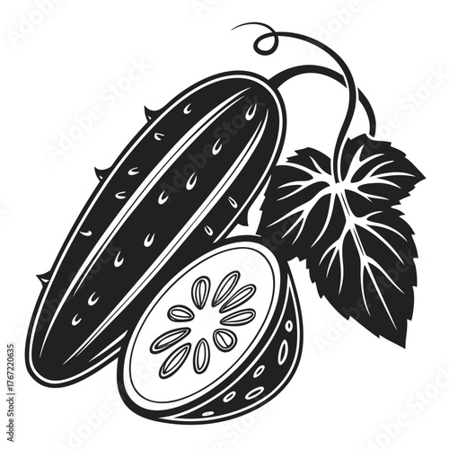 Stylized illustration of a cucumber and its cross section with leaves