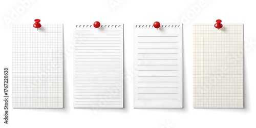 Four vertical notebook pages pinned with red pushpins on a white background