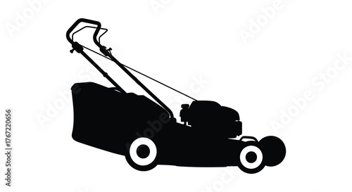 Silhouette of a black push lawn mower with a grass catcher on a white background