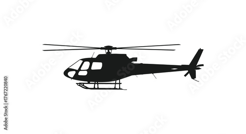 Silhouette of a modern helicopter in flight against a white background representing aviation and transportation