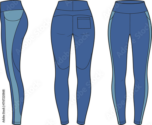 Athletic leggings fashion illustration, high-waisted design with curved light blue side panels and back pocket, cad drawing flat vector illustration