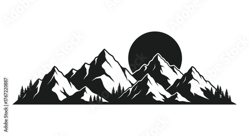 Stylized silhouette of jagged mountain peaks against a large full moon or sun