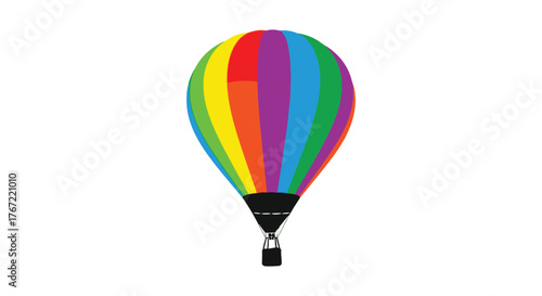 Vibrant rainbow colored hot air balloon floating isolated on a clean white background with a basket