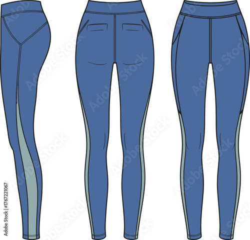 Athletic leggings fashion illustration, two-tone high-waisted design with curved side panels and back pockets, cad drawing flat vector illustration