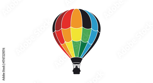 Vibrant rainbow colored hot air balloon floating in the sky with a basket and silhouette of a person
