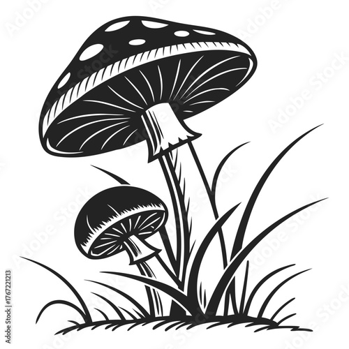 Stylized black and white mushrooms growing in grass