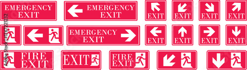 Emergency Exit Icon set. Running man emergency fire exit sign. Exit emergency arrow sign vector image, vector symbol. Fire exit keep clear sign showing a running person on transparent background.