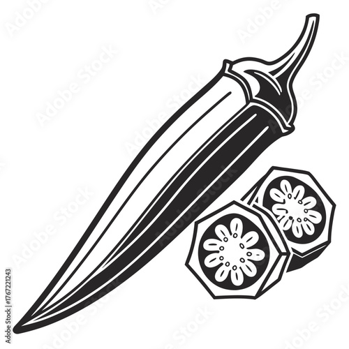 Stylized okra pod and slices with black background