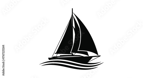 Sleek black silhouette of a modern sailboat with full sails gliding gracefully over stylized ocean waves