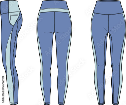Athletic leggings fashion illustration, two-tone high-waisted design with side panel and pocket detail, cad drawing flat vector illustration
