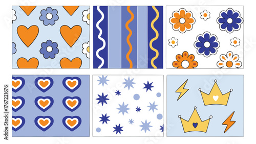 Colorful collage scrapbook stickers featuring crayon doodles and playful patterns. Hand-drawn hearts, flowers, lightning bolts, and crowns in Y2K aesthetic style (3)