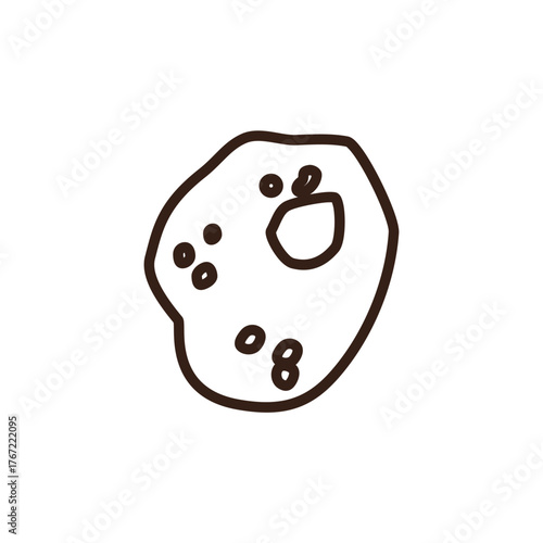 line art of irregularly asteroid brown object with a dark outline. It features several small, lighter brown circular markings and one larger, light grey circular marking