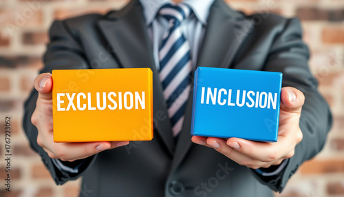 EXCLUSION INCLUSION. Concept of transition from exclusion to inclusion. Social, business, multicultural exclusion into inclusion