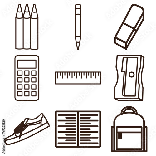 line art set of color pencil, pencil, calculator, ruler, pencil sharper, shoes, book and backpack