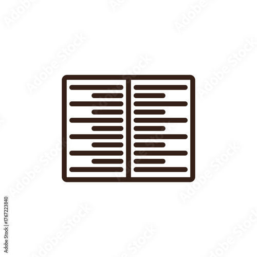 line art of an open book. It shows two pages, each filled with horizontal lines representing text, against a light cream background