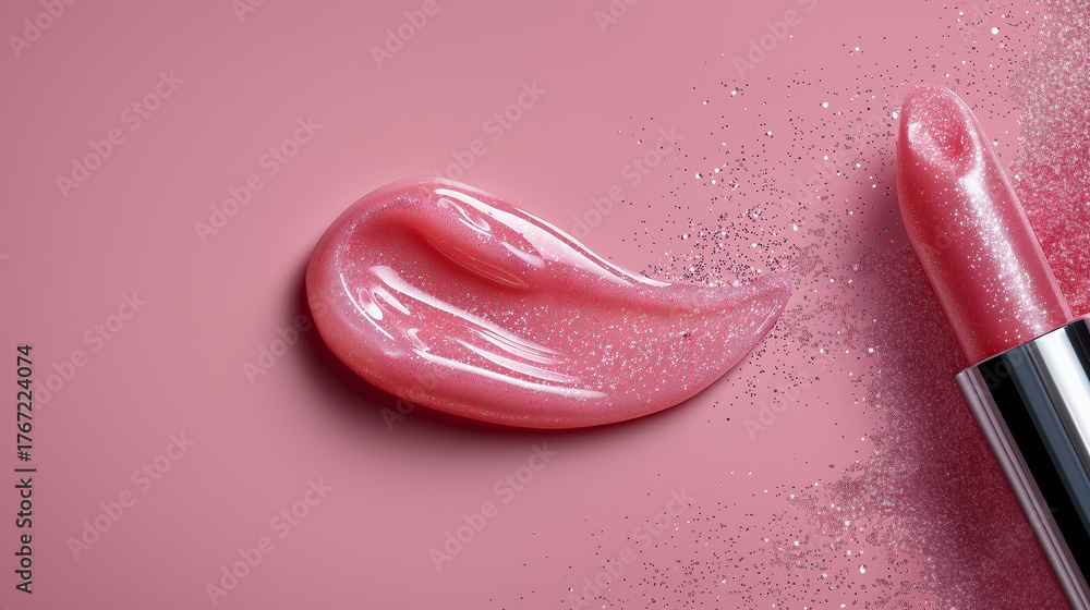 Obraz premium Close-up of glossy pink lip gloss with shimmer, paired with a lipstick on a pastel background. Beauty and cosmetic concept highlighting color, texture, and shine for makeup and skincare advertising.
