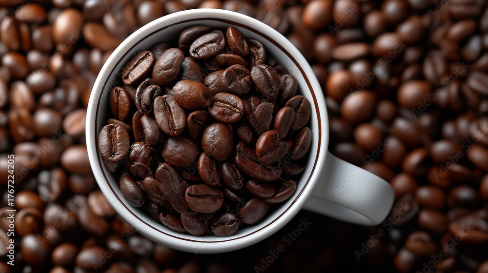 Fototapeta premium Close-up of a white cup filled with roasted coffee beans surrounded by more beans. Warm lighting highlights the texture and aroma of freshly roasted coffee, symbolizing energy and morning freshness.