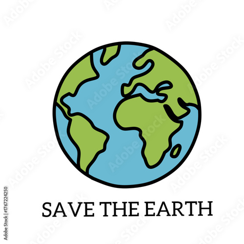 A logo about a spherical planet Earth with the words Save The Earth on white background. This logo is about the environment and is suitable for a variety of commercial uses.