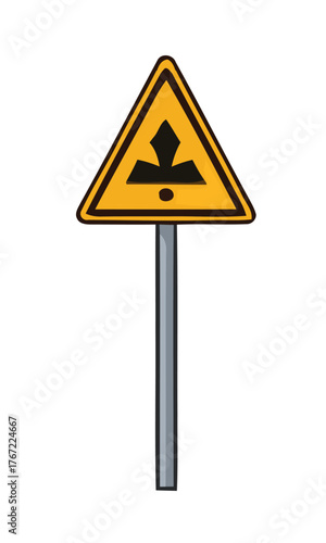 Warning Sign for Directed Energy Hazard on a Metal Post with Yellow and Black Symbol