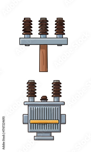 Vector illustration of essential electrical infrastructure components, featuring a power transformer and high-voltage ceramic insulators crucial for energy transmission and distribution systems