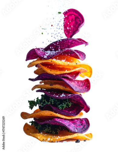 Colorful Vegetable Chips Stacked with Sea Salt and Fresh Greens