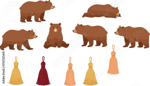 Brown bear vector illustration, wildlife poses with colorful tassels, nature sketch set, animal behavior design, cad drawing flat vector illustration