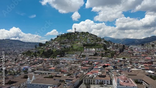 Panoramic cityscape of El Panecillo Hill and downtown Quito, Ecuador