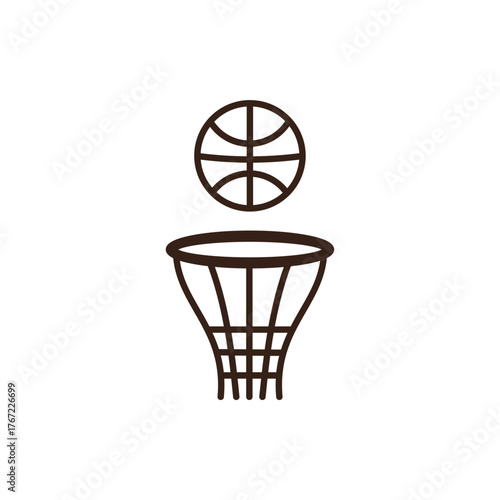 line art of basketball and a hoop on a white background. An orange basketball with black lines is positioned above a brown basketball hoop with a net. The design is clean and features dark outlines