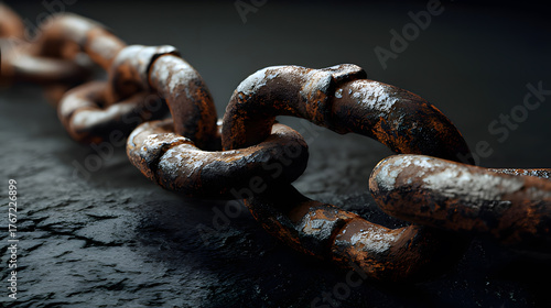 Broken iron chain links on a dark surface, symbolizing liberation and breaking free from constraints.