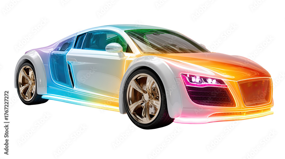 Fototapeta premium Rainbow Ride: A sleek, modern sports car, bathed in a vibrant spectrum of colors, embodying the future of automotive design and technological innovation.