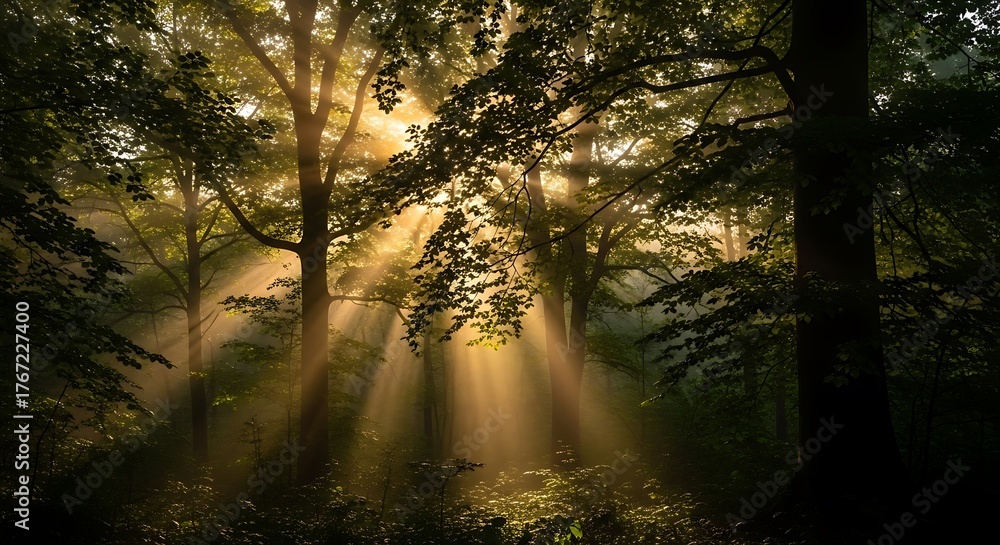 Obraz premium Sunlight streaming through a misty forest creating beautiful light rays.