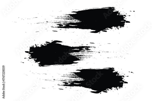 three horizontal black dry brush strokes on white background showcasing textured hand-drawn lines for abstract design, artistic emphasis, grunge overlays, or creative visual composition