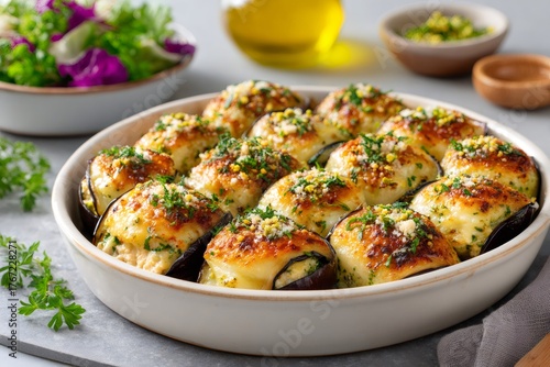 Baked stuffed eggplant with cheese and fresh parsley
