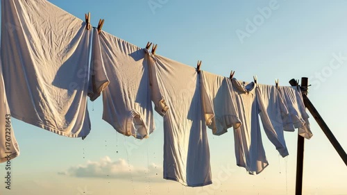 Laundry Day: White Clothes Drying on Clothesline Against Blue Sky